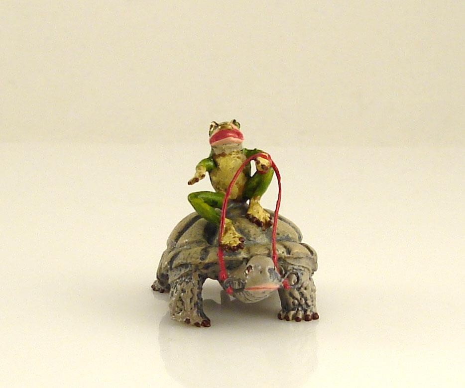 Vienna Bronze FROG Riding on a TURTLE Bermann Cold Painted Brass Handmade