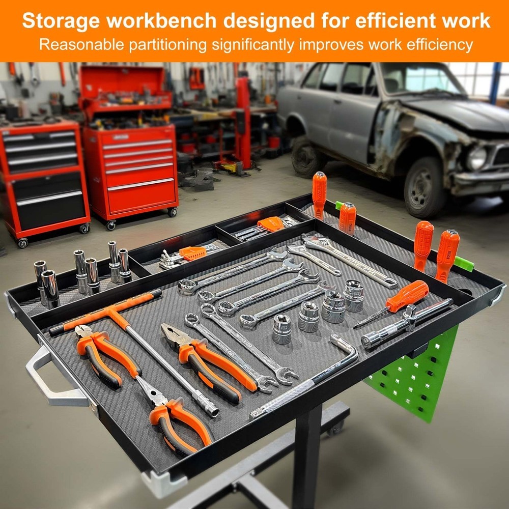 Rolling Tool Tray with Wheels Adjustable Height Mobile Work Table 500Lb Capacity