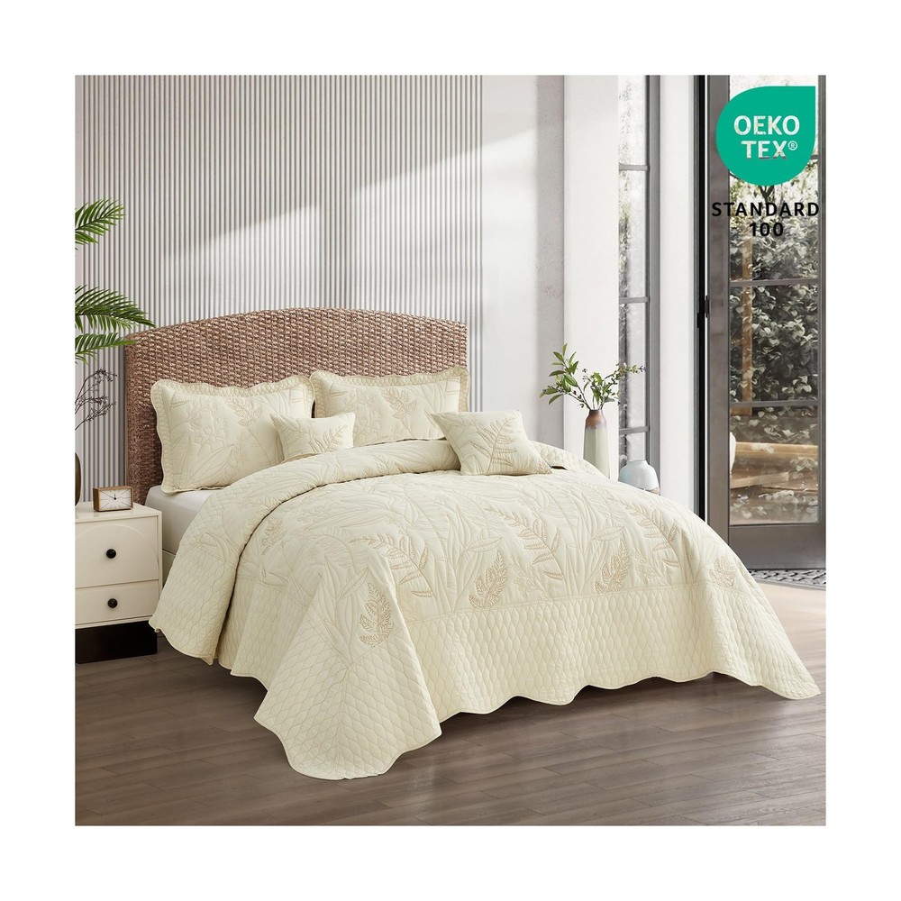 Botanical Oversized Bedspread Queen Size - Leaves Pattern Stitching... Fast Ship