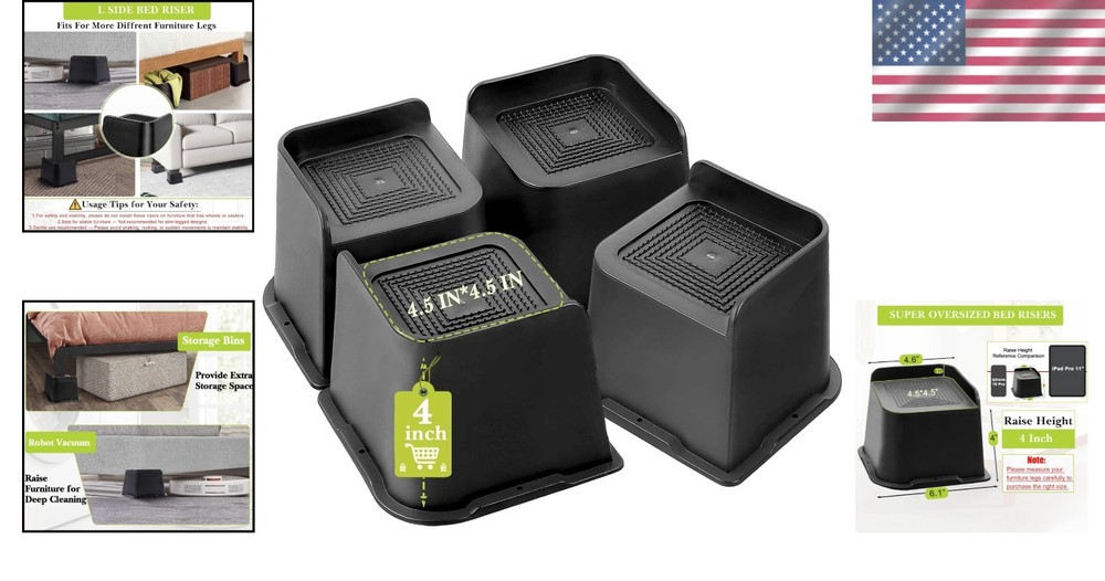 Multi-Purpose 4 Inch Bed Risers - Support Up to 6000 Lbs, Easy Installation