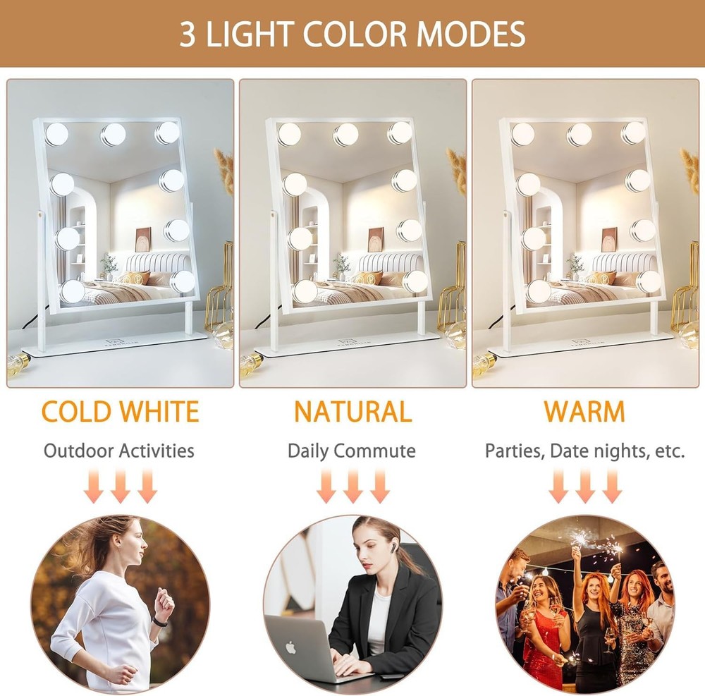 FENCHILIN Lighted Vanity Makeup Mirror, Smart Touch, 3 Colors, Dimmable, White
