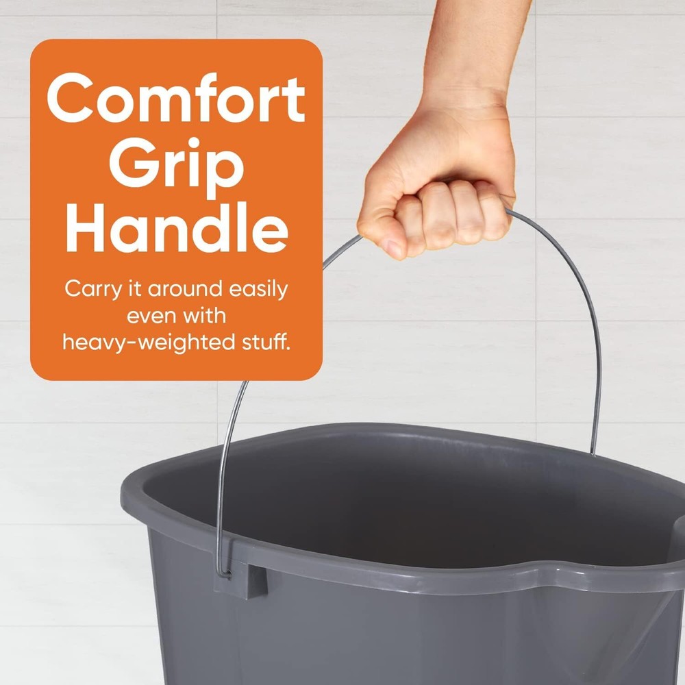 Superio Plastic Bucket w/ Grip Handle, 16 L Large Spout Cleaning Pail Grey 2pc