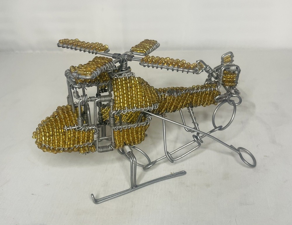 Wire Beeded Sculpture Model Yellow Helicopter . Functional Propellers !