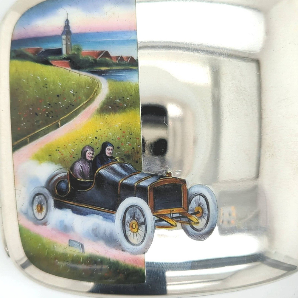 Silver and Enamel Cigarette Case with Unique Automobile Motif