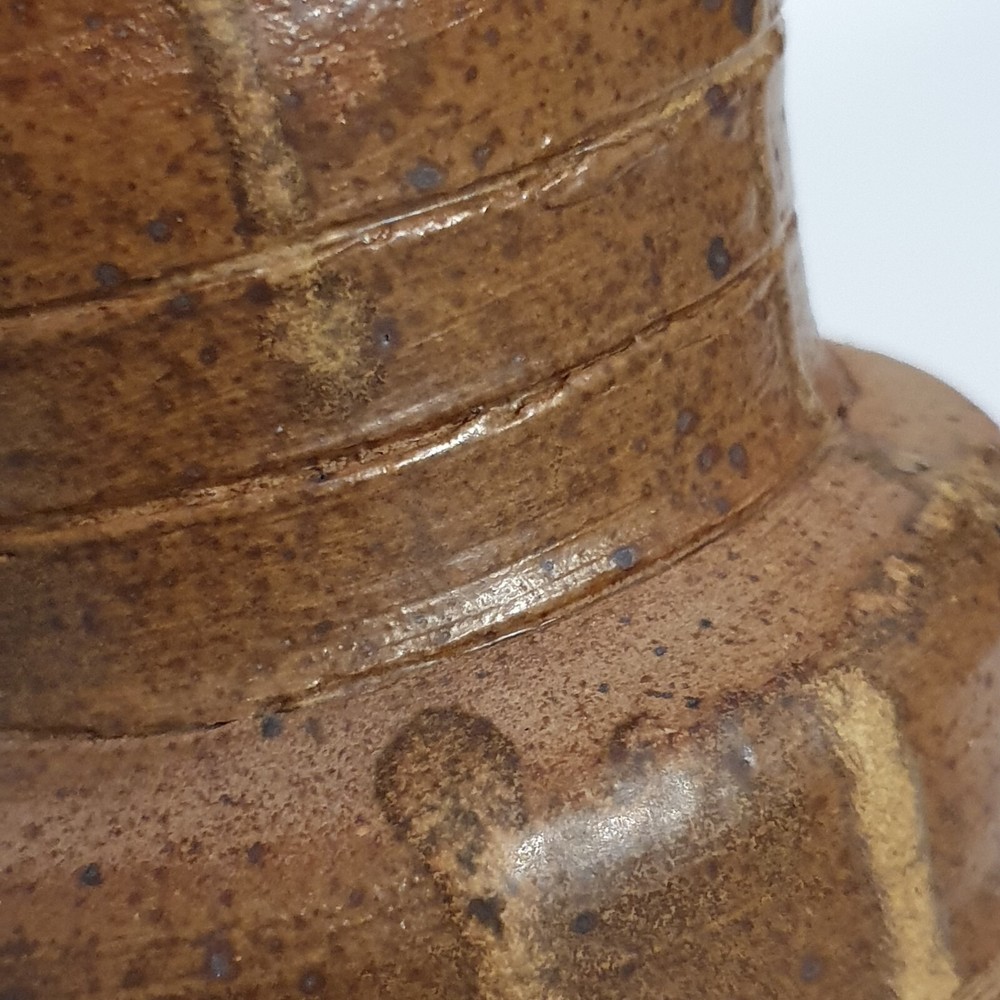 Vintage MCM Earthenware Covered Jar Ash Glaze Threaded 6.5"H Signed