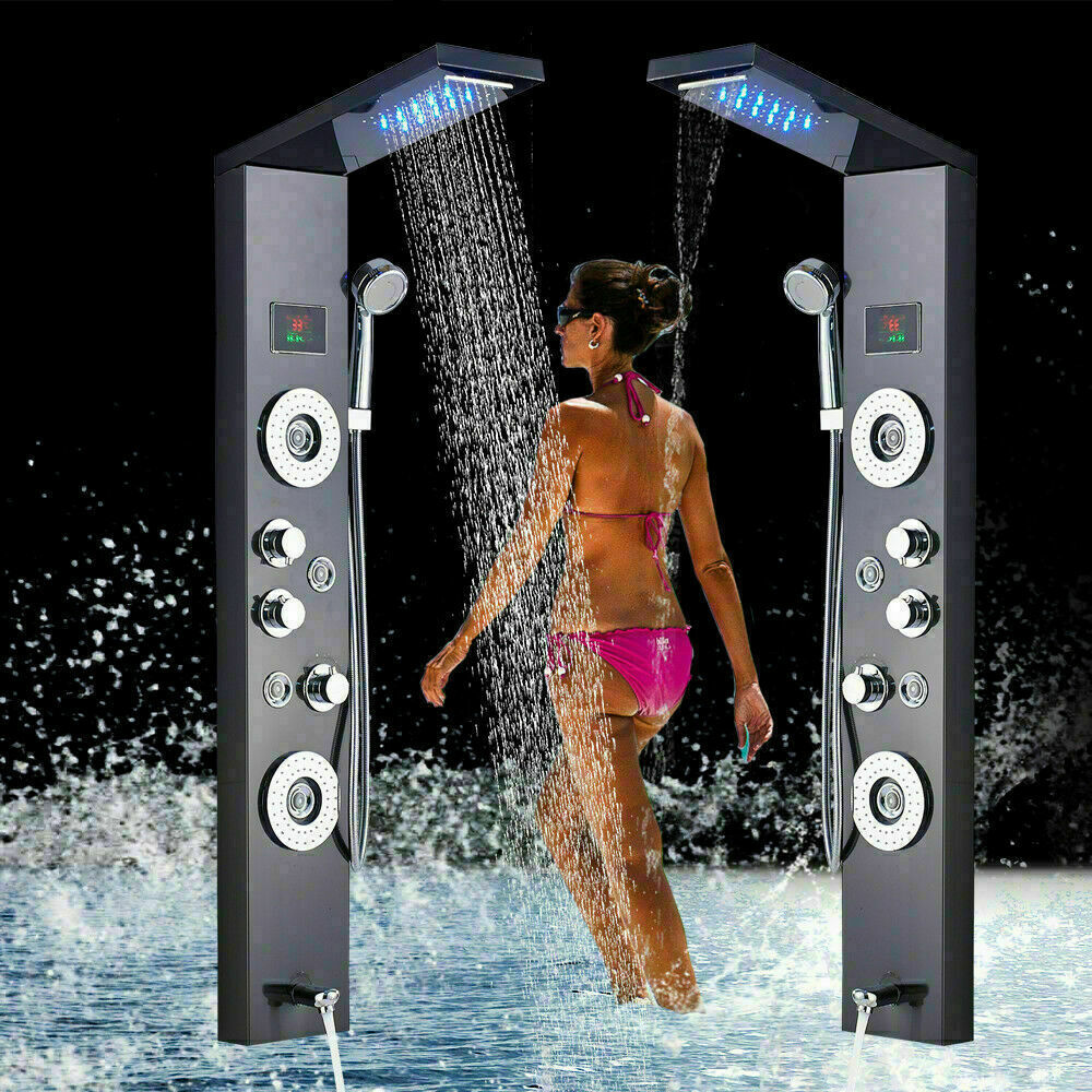 Black Shower Panel Tower System LED Rain&Waterfall Head Combo Massage Jets Mixer