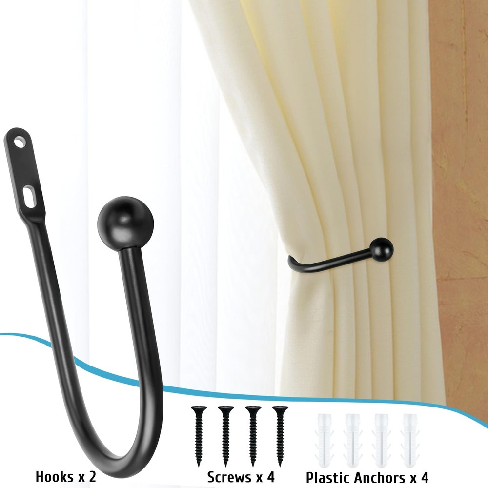 Drapery Holdbacks Wall Mount 2pcs Curtain Tieback Hooks Modern Black