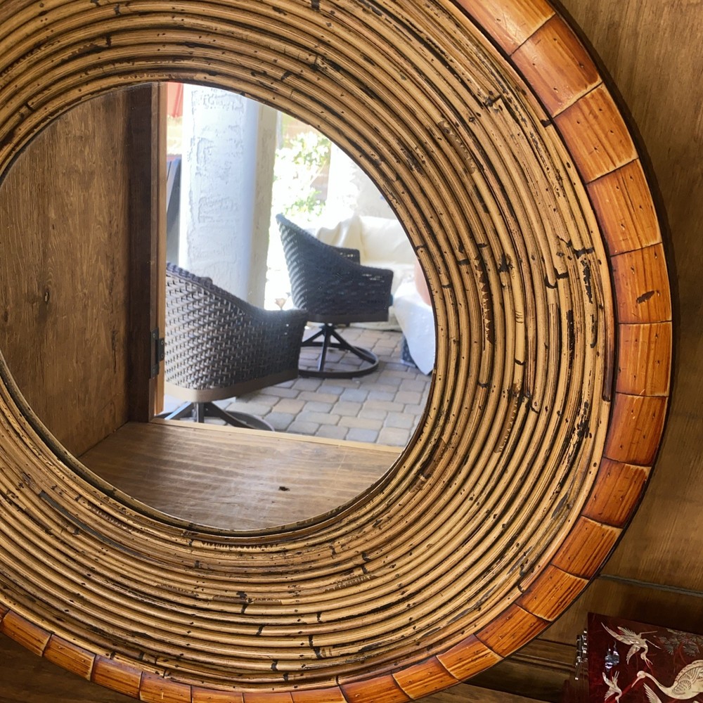 Vintage Bamboo Frame Rattan "Wall Mirror 24” Diameter