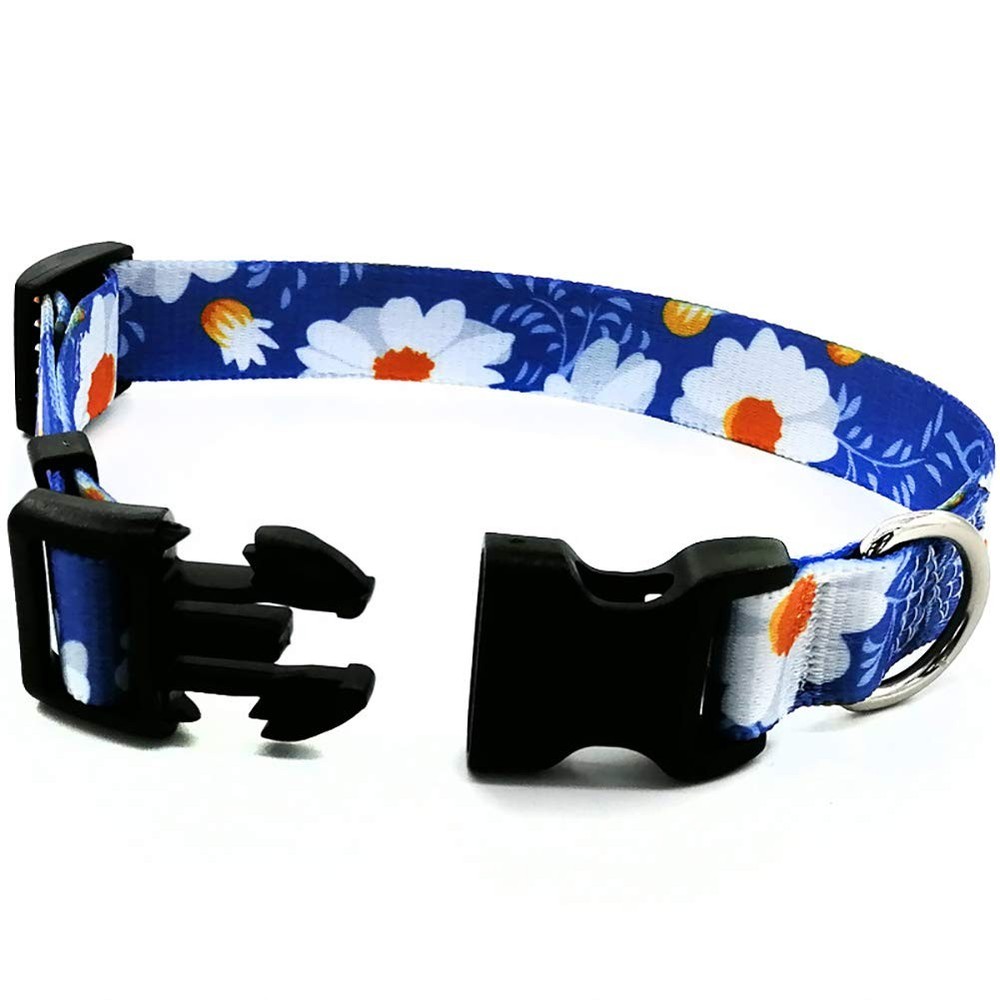 Heavy Duty Dog Collar Quick Release Adjustable Floral Blue Daisy Fits Medium