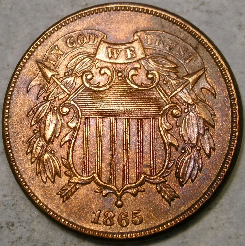 1865 TWO CENT PIECE APPEALING BEAUTIFUL CRISP MOTTO SHIELD WREATH REV DIE BREAKS