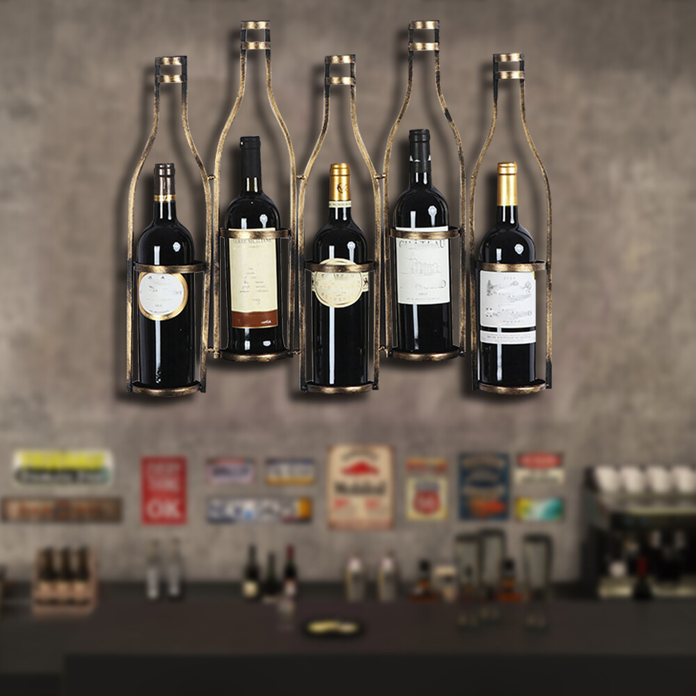 Retro Wall Mounted Wine Rack Kitchen Bar 5 Bottles Holder Storage Display Shelf