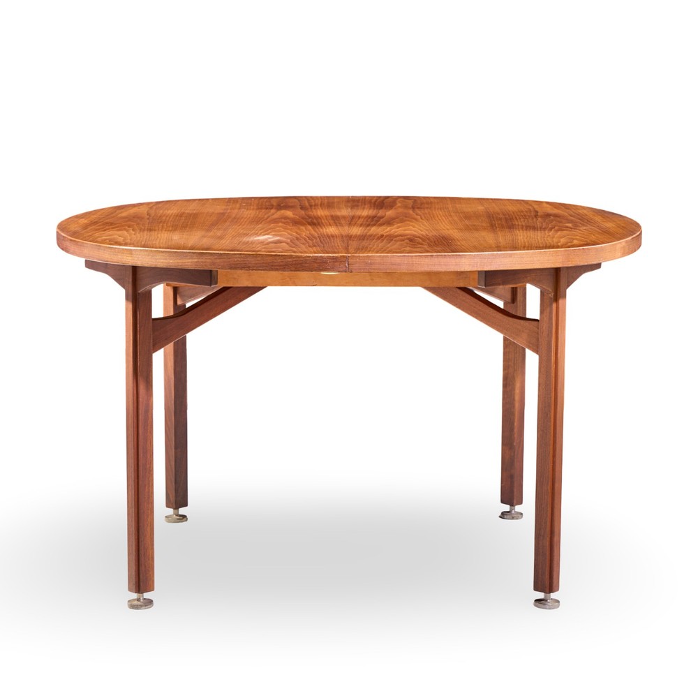 Jens Risom Mid Century Walnut Round Expanding Dining Table with 3 Leaves