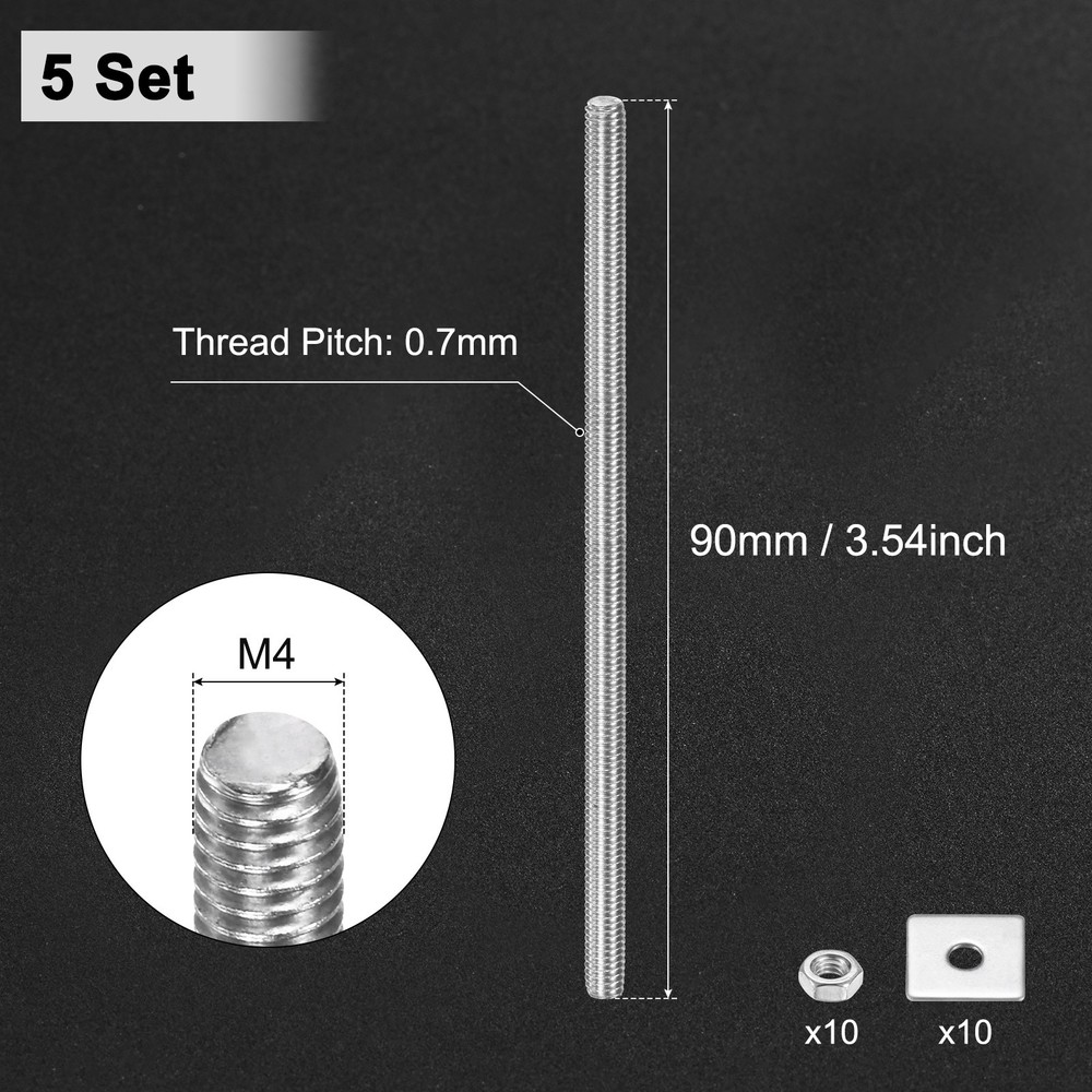 5-Set Fully Threaded Rod, M4x90mm Right Hand Thread Bar Studs with Nuts