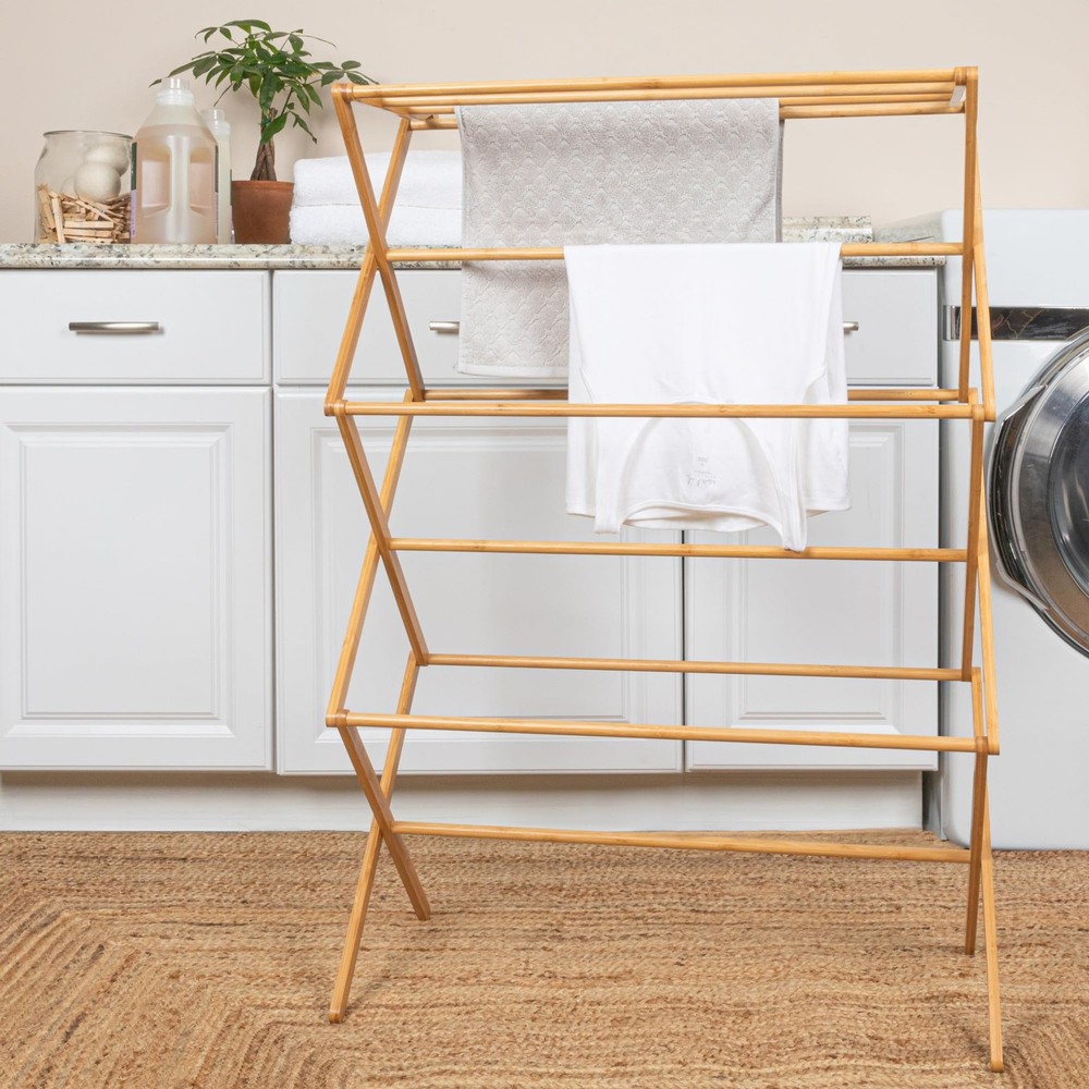 Bamboo Folding Clothes Drying Rack, Upscale Laundry Rack with 11 Dowels, Envi...