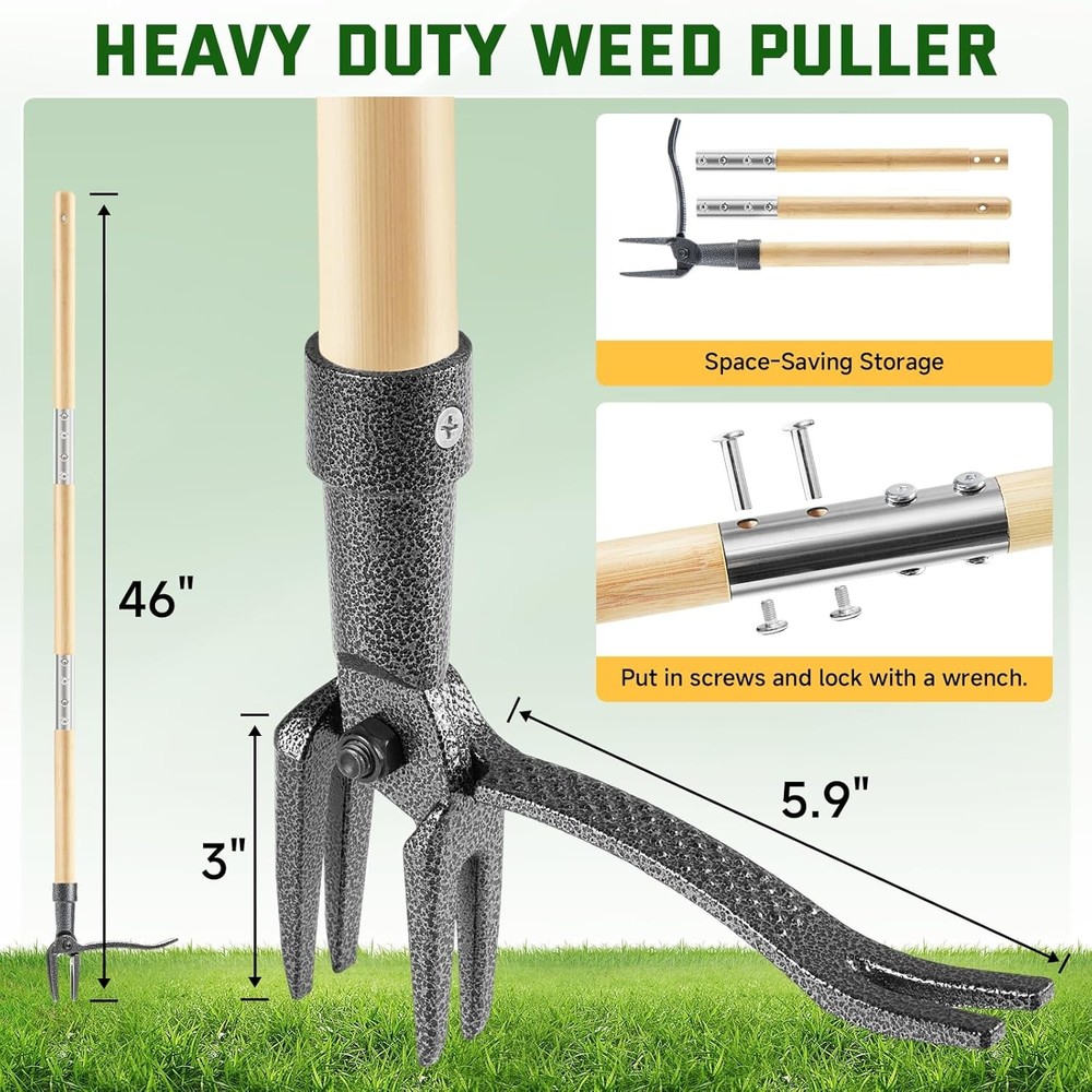 Weed Puller Tool Stand Up Heavy Duty Weed Remover Tool W/ Long Handle & 4-Claw