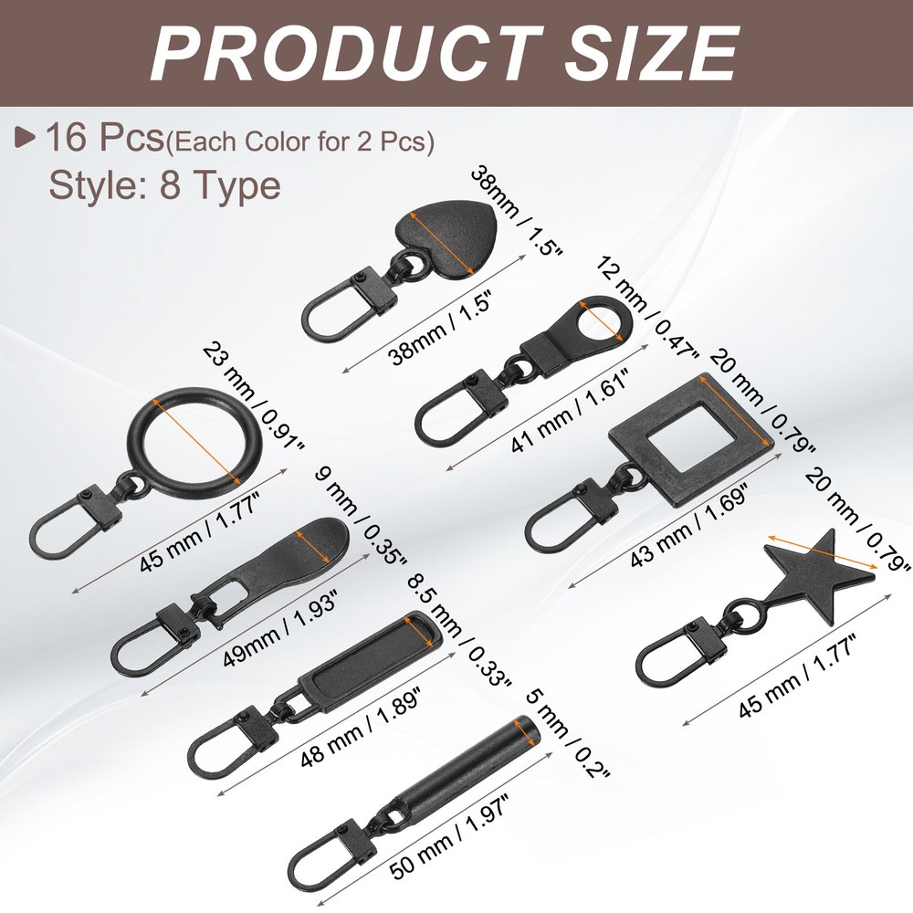 16 Pcs Zipper Pull, 1.77 Inch Metal 8 Type Zip Puller Zipper, Black