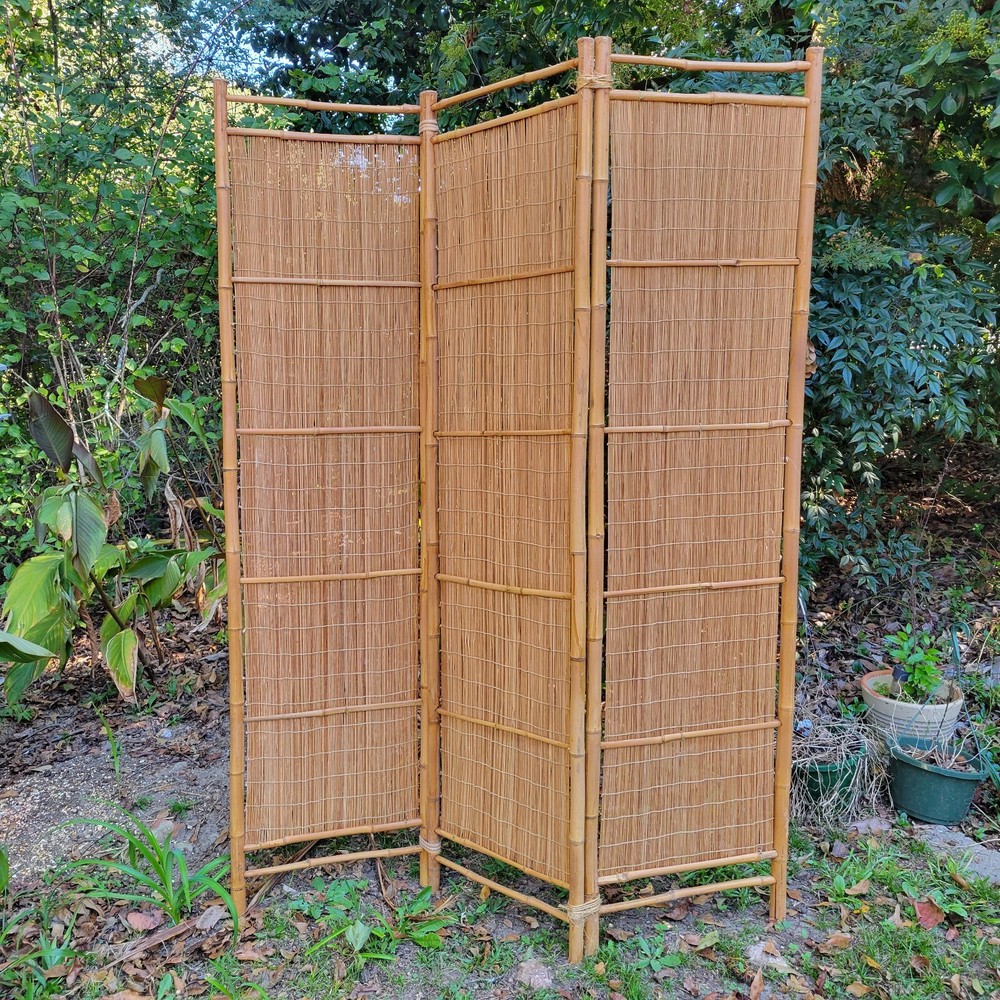 Vintage Mid Century Boho Bamboo Room Divider Screen 3 Panel Backdrop Prop