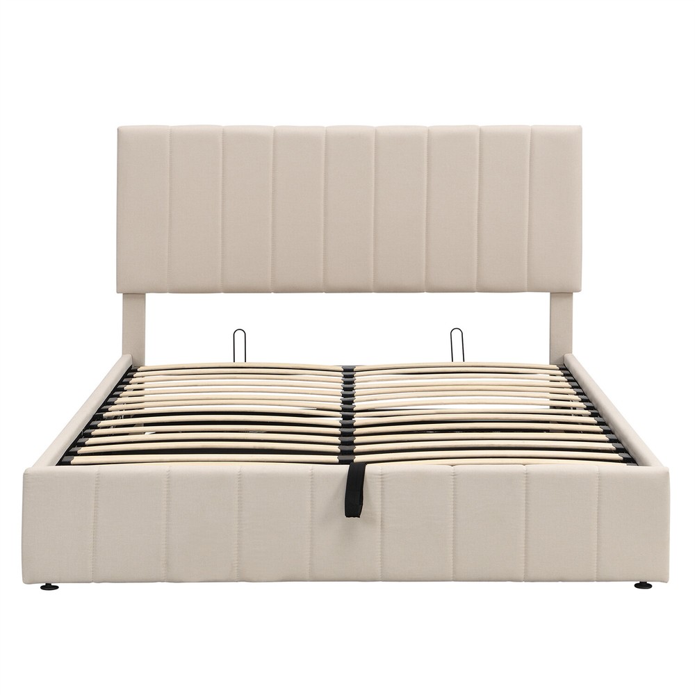 Queen Size Bed Frame Upholstered Platform Bed w/ Hydraulic Storage System