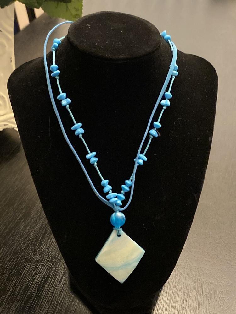 Handmade Blue Beaded and Shell Pendant Necklace