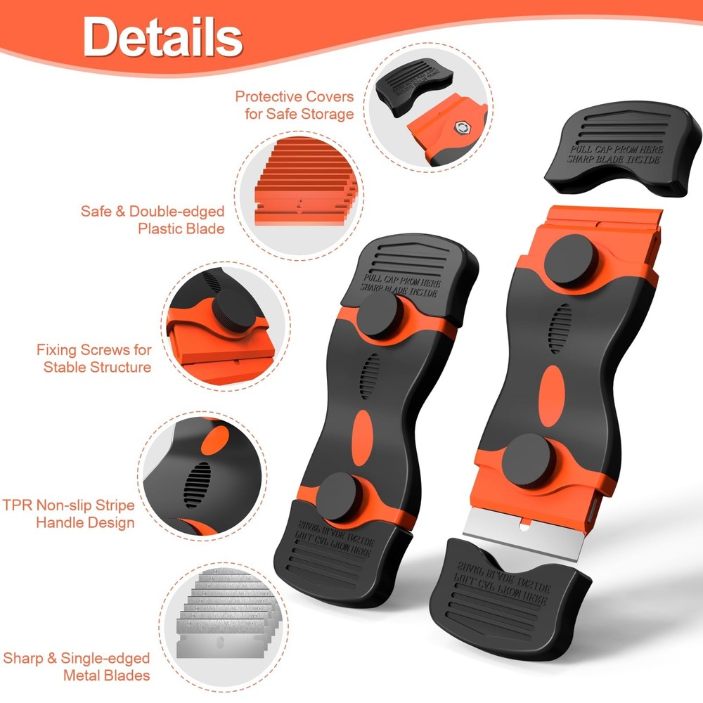 3 Pack Razor Blade Scraper Set, Includes 30 Plastic & 30 Metal Orange