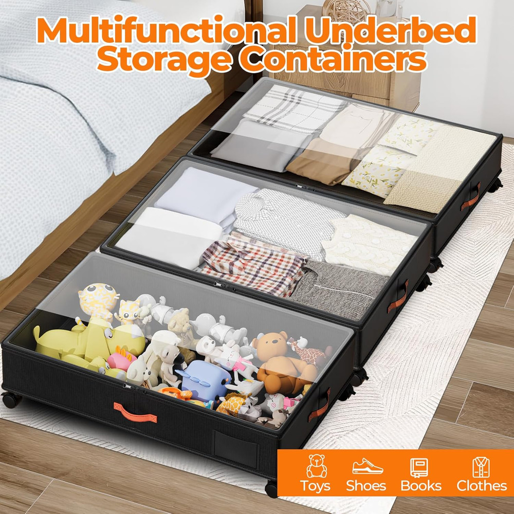 Under Bed Storage with Wheels,2-Pack under Bed Storage Containers with Clear Lid