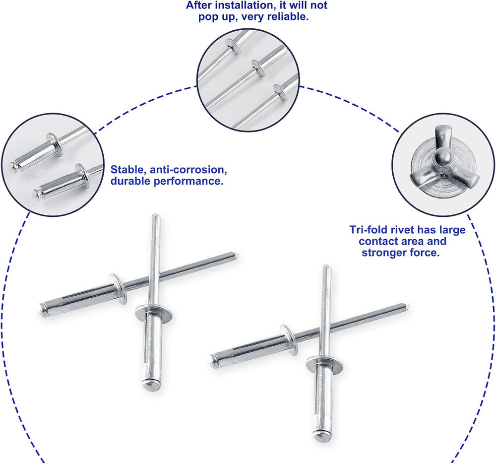 5/32" X 3/4" Trifold Exploding Pop Rivets, Solid Aluminum Tri Grip Rivets Bulb S