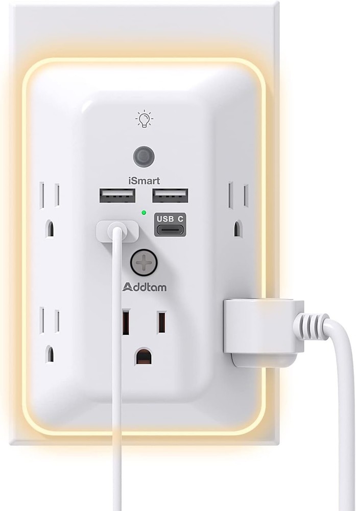 Surge Protector, Outlet Extender with Night Light, 5-Outlet Splitter and 4 USB