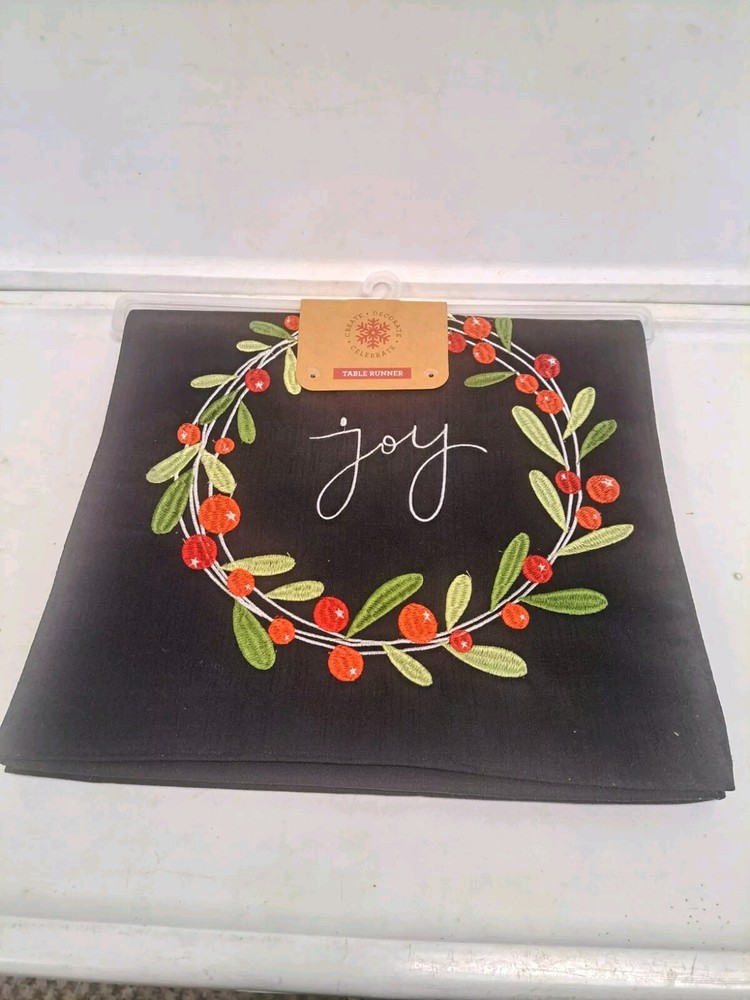 Joy & Wreath Table Runner 14" X 72" CREATE . DECORATE . CELEBRATE 100% Polyester