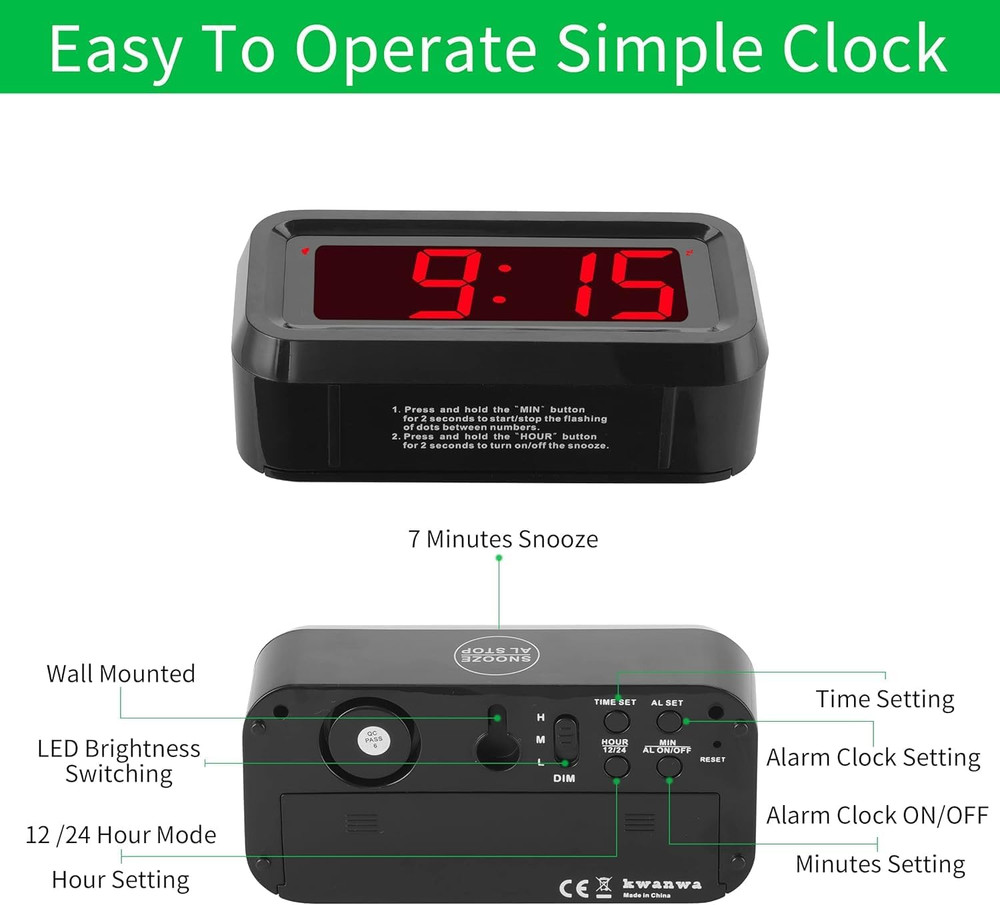 Alarm Clock, LED Digital Clock, Small Wall Clock, Battery Operated, Adjustable 3