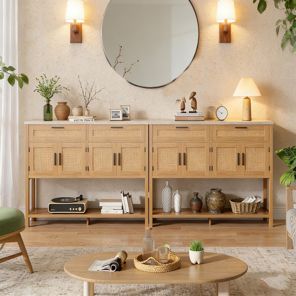Entrance Storage Table, Sofa Table With Rattan Cabinet Doors, Ample Storage Spac