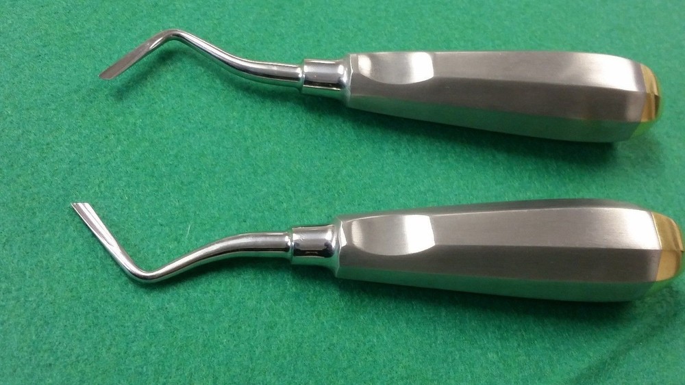2 DENTAL ROOT TIP ELEVATOR FLAT END TIP W /GOLD HANDLE