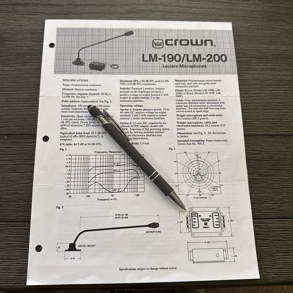 CROWN Lectern Microphone LM-190 LM-200 Spec Instructions 1989