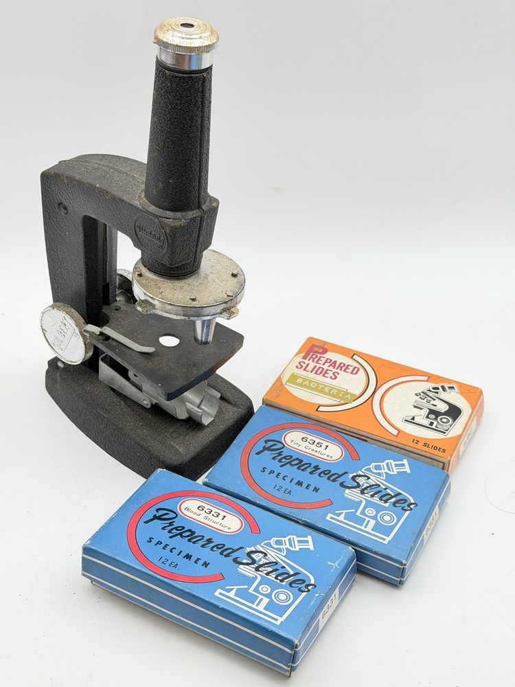 Vintage Gilbert Microscope w/ 3 Prepared Slide Sets Blood Bacteria Tiny Creature