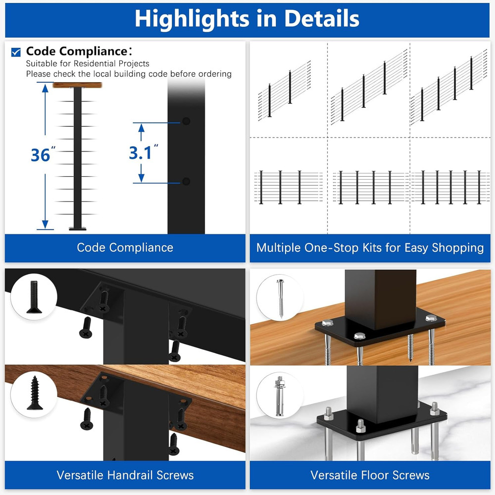 36" Modular Cable Railing Post Kit - 12-16FT Adjustable DIY Deck System