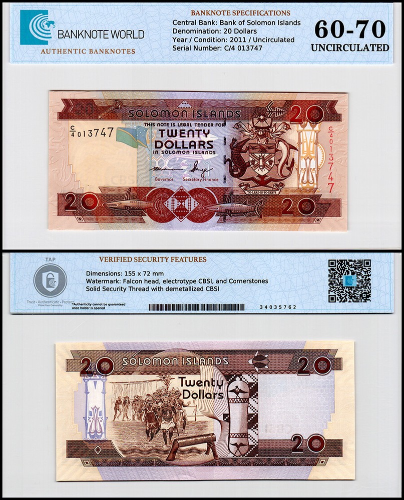 Solomon Islands 20 Dollars, 2011 ND, P-28a.2, UNC, Authenticated Banknote