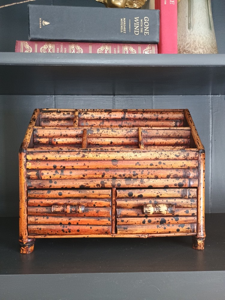 Victorian Bamboo Dark Spotted Desk Organizer Vtg HTF