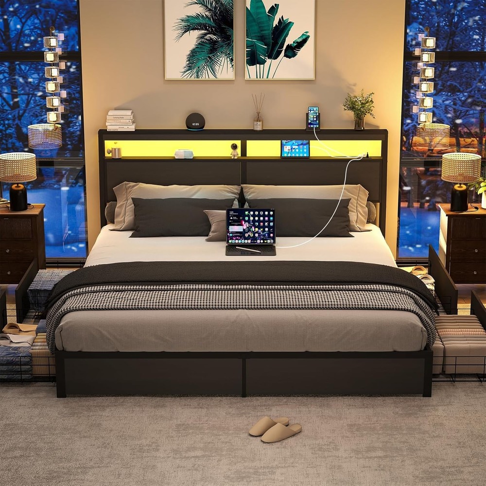 King Size LED Bed Frame with Storage Headboard and 4 Drawers Charging Station