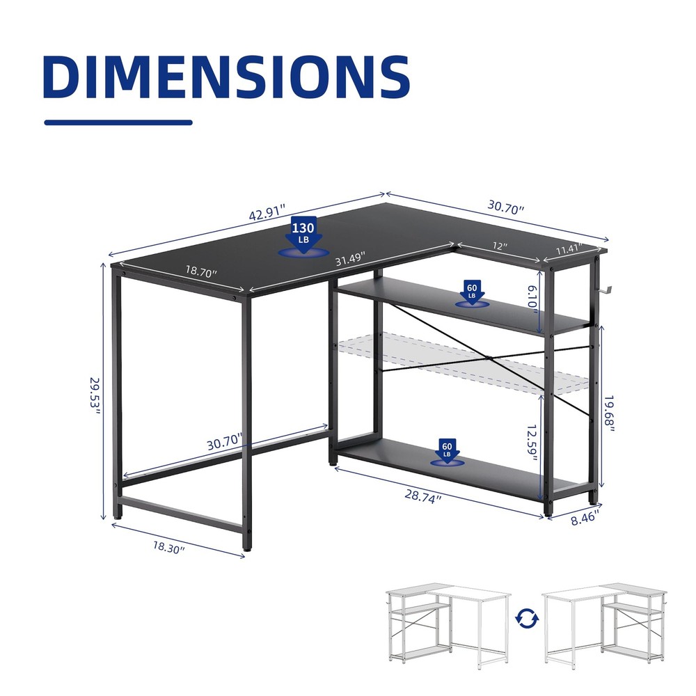 43 Inch L Shaped Computer Desk with Reversible Side Storage Shelves, Small Co...