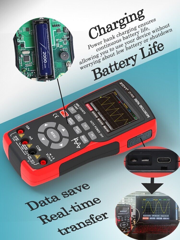2 IN 1 Digital Oscilloscope Multimeter 9999 Counts 48M/S Waveform Data Storage