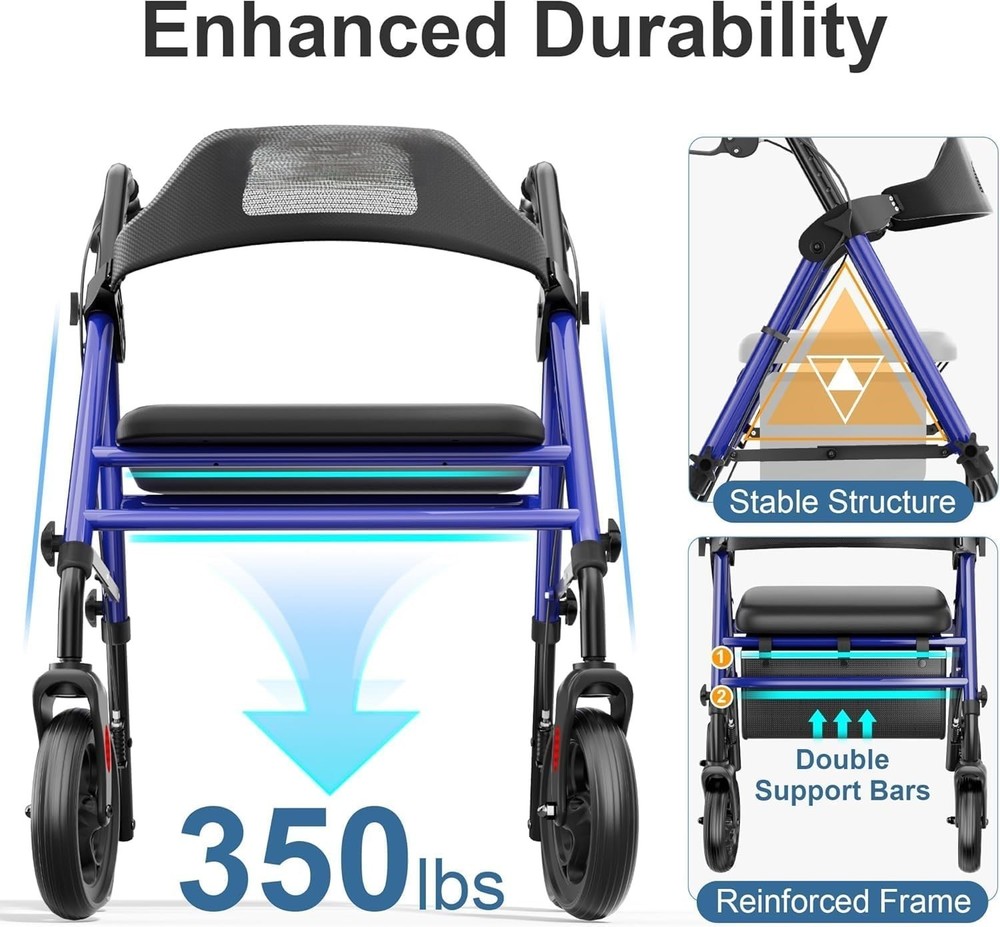 foldable rollator walker with seat, 8" wheels, adjustable height 350 lb capacity