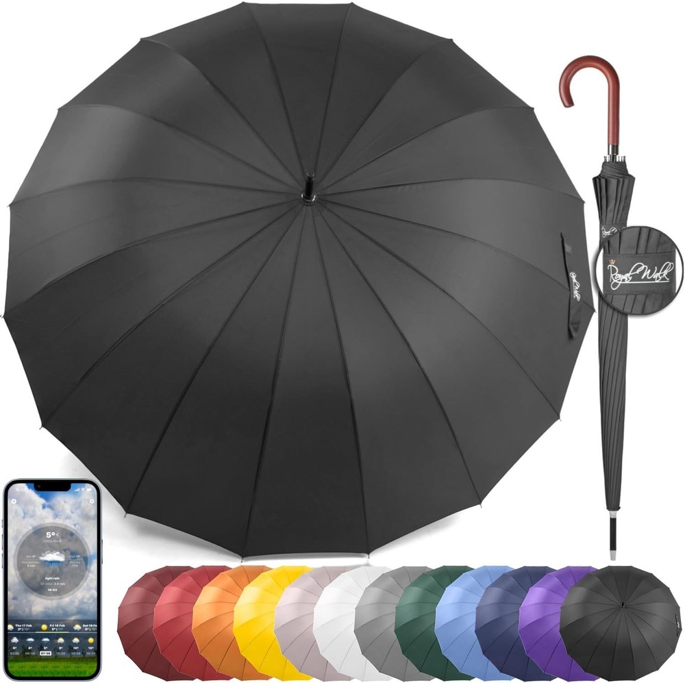 Royal Walk Windproof Large Umbrella for Rain 54 Inch Automatic Open Black