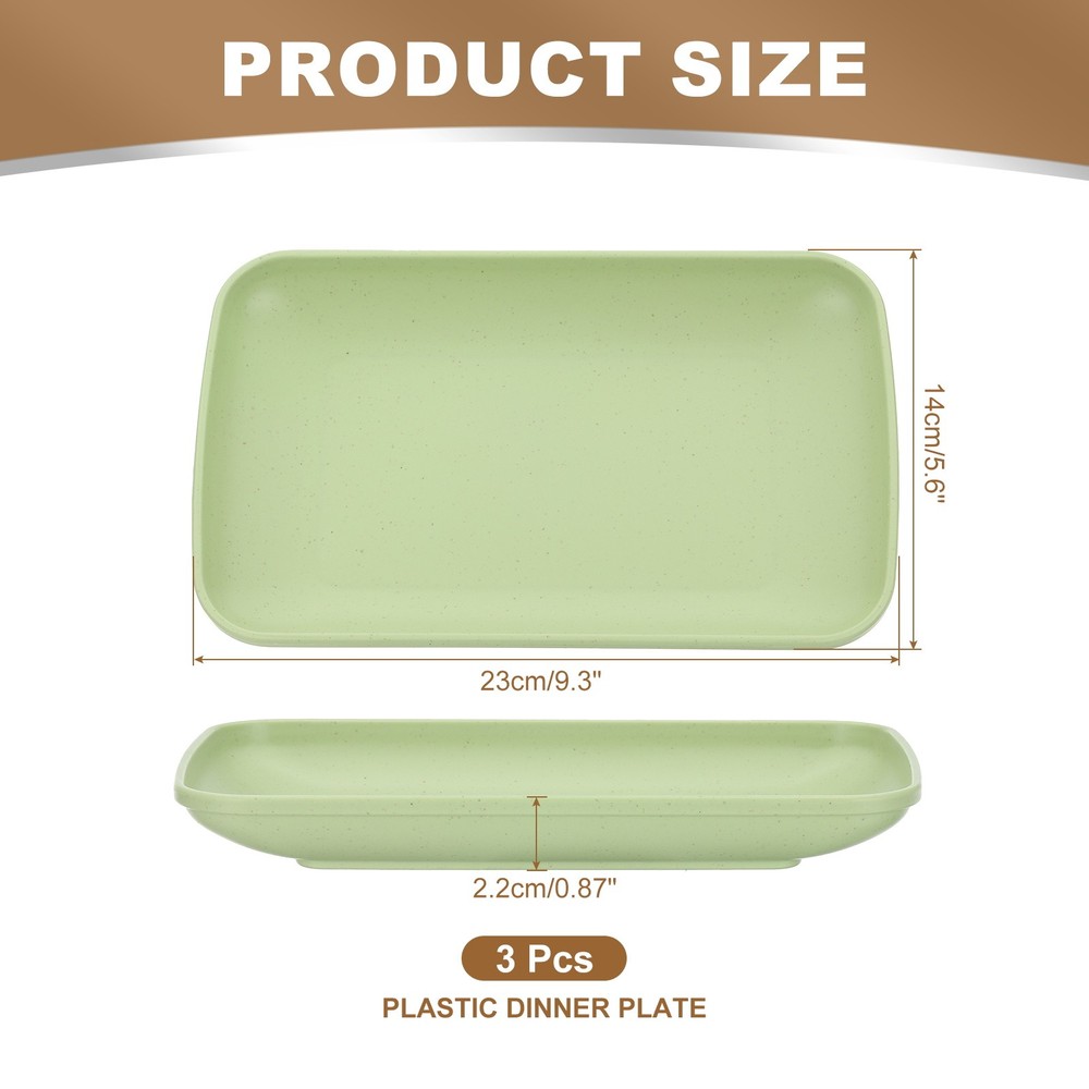 3 Pack 9"x6" Rectangular Unbreakable Plastic Dinner Plates, Green