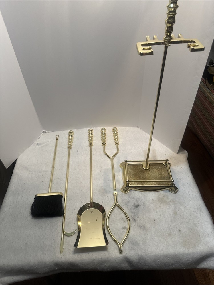 Vintage BRASS Fireplace Tool Set MCM