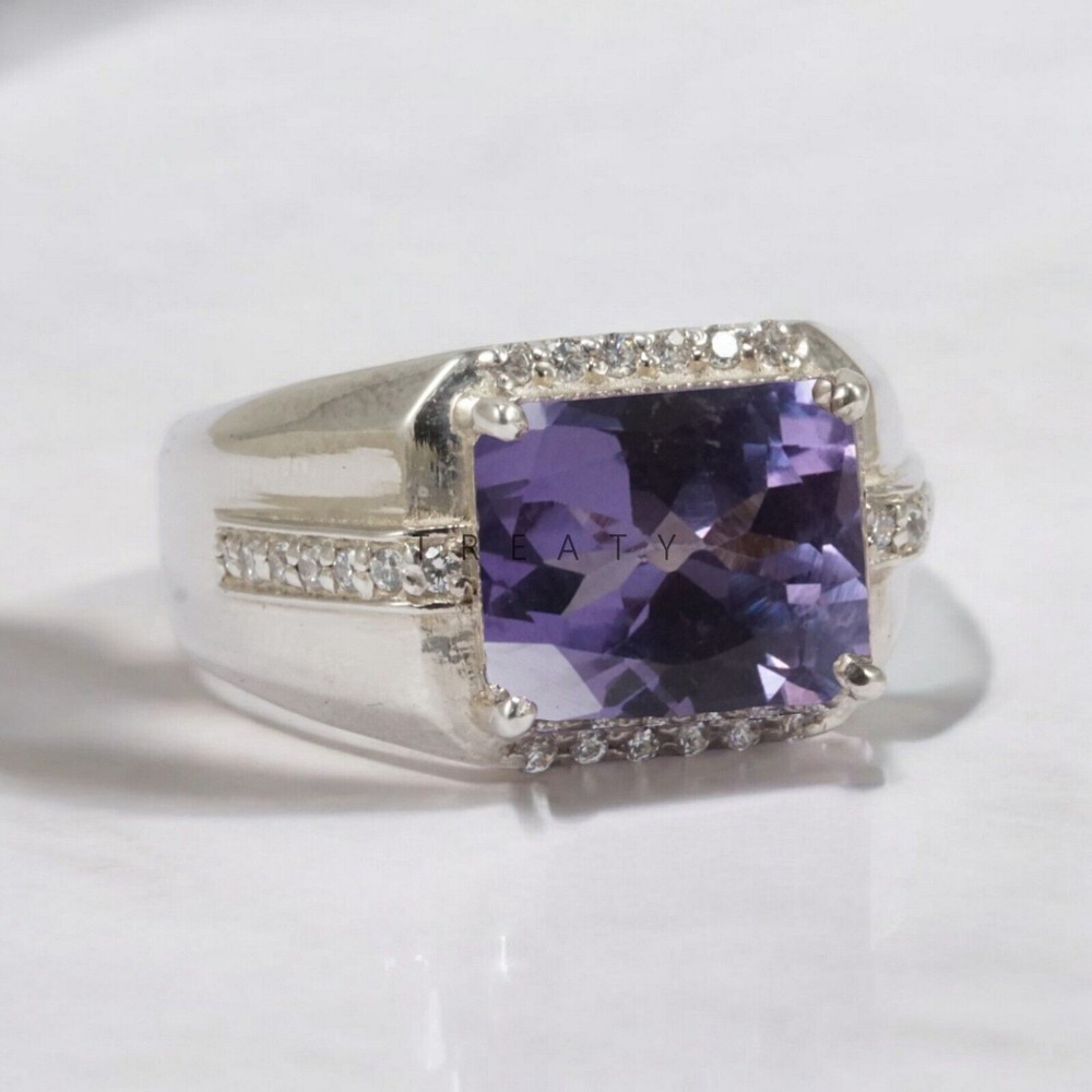 Alexandrite Emerald Cut Gemstone With 14K Solid White Gold Ring For Men's #587