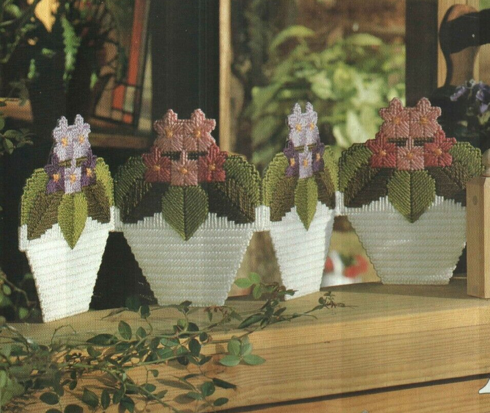 WINDOW VIOLETS FLOWER SCREEN HOME DECOR PLASTIC CANVAS PATTERN INSTRUCTIONS