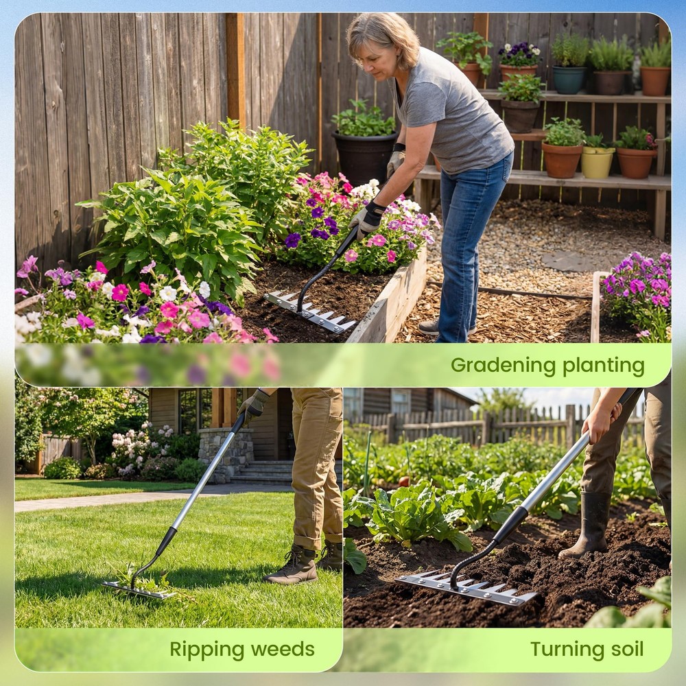 Iron Weeding Rake with Long Handle Upgraded 8 Teeth Weed Puller Tool, Heavy ...