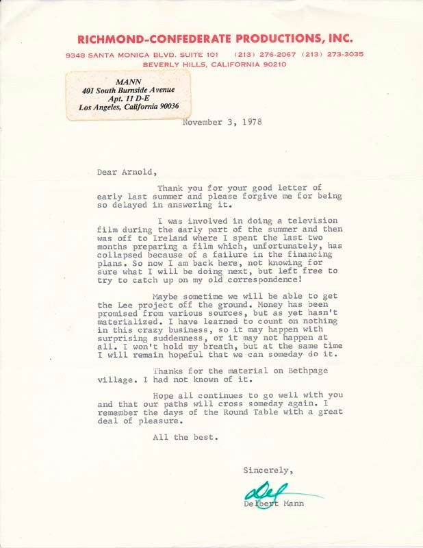 Delbert MANN / Typed Letter Signed