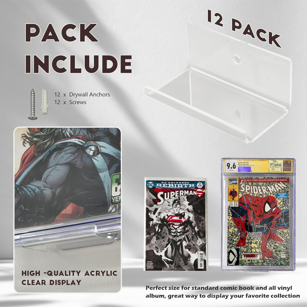 12Pcs Clear Floating Comic Book Display Shelves, Comic Book Shelf Stand Wall Mo