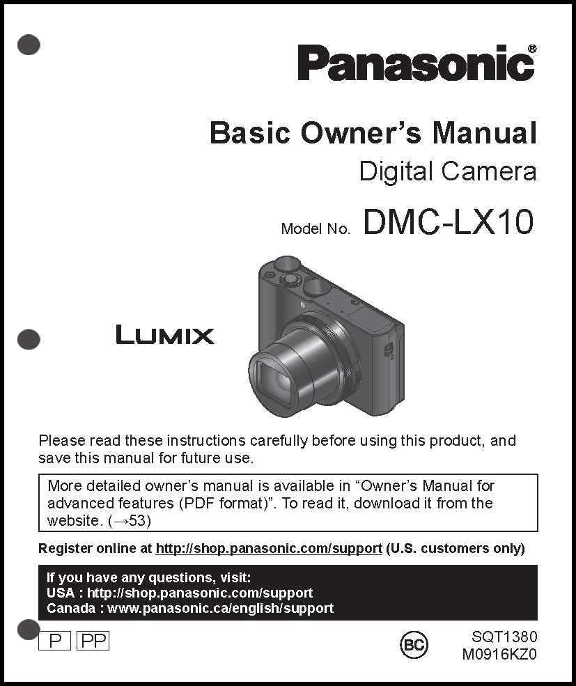Panasonic DMC-LX10 Basic  Digital Camera User Guide Instruction  Manual