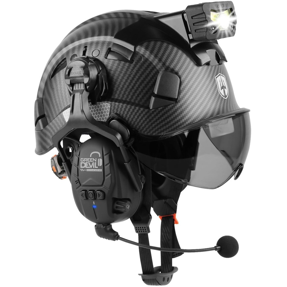 GREEN DEVIL Hard Hat Safety Helmet with Visor Bluetooth Ear Muffs and Headlam...